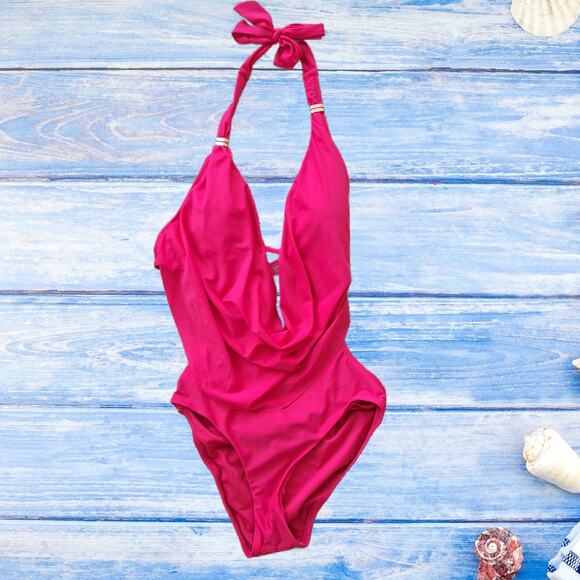 NEW bar III Plunge Cowl Neck One Piece Swimsuit XS Ruby Pink Cutout Monokini - Picture 8 of 9